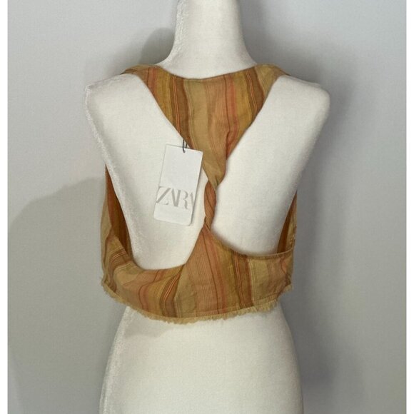NWT ZARA Women Button Front Twist Back Crop Vest SZ XL Yellow Tan Brown Striped - Picture 2 of 8
